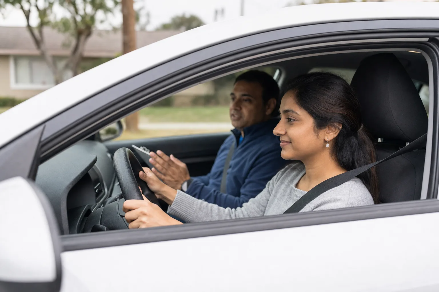 An adult learner driving a white sedan with both hands on the wheel while an Akal instructor sits calmly in the passenger seat