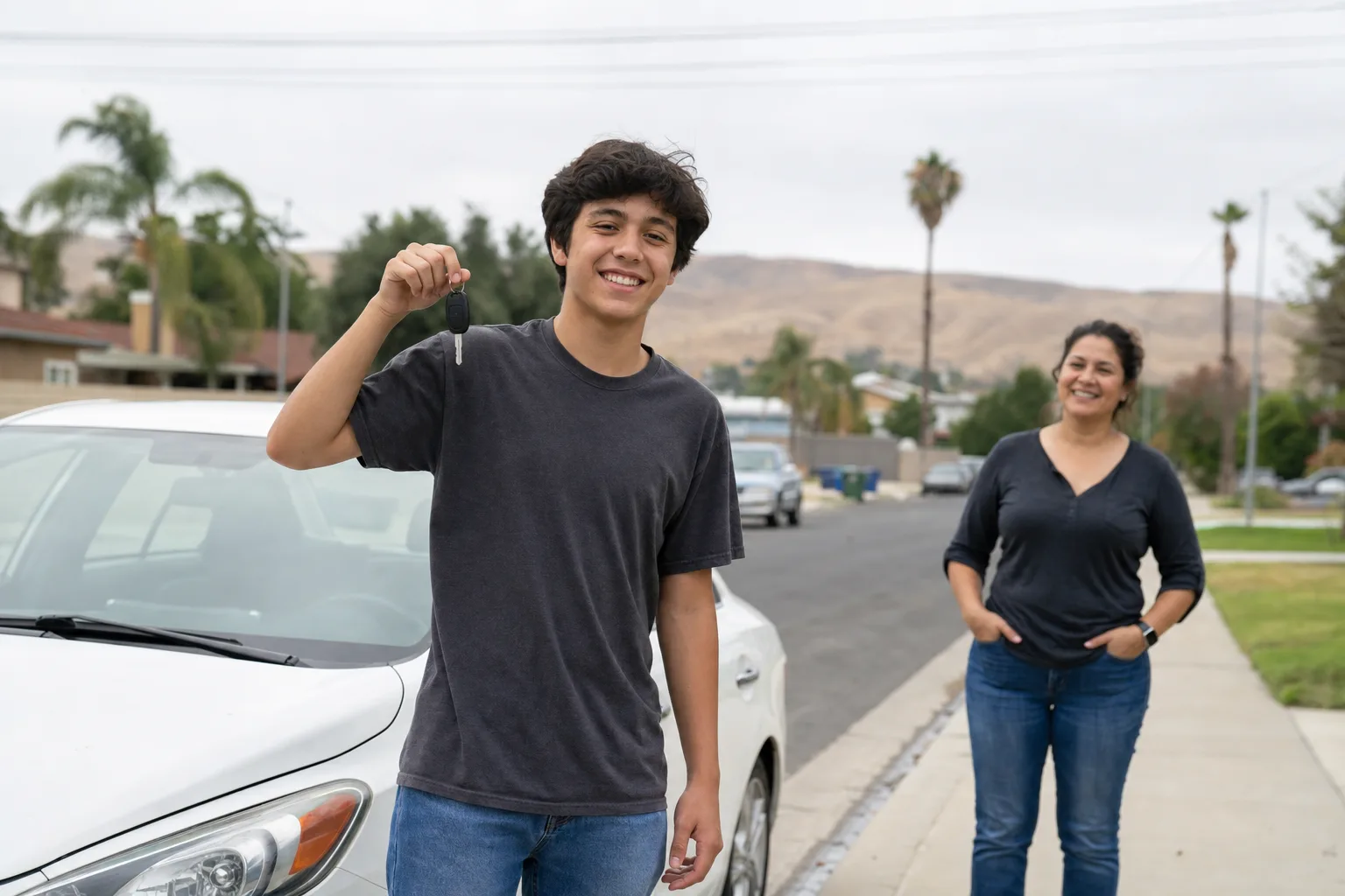 A teenage driver smiling and holding up car keys beside a white sedan on a Bakersfield street, with a proud parent behind them